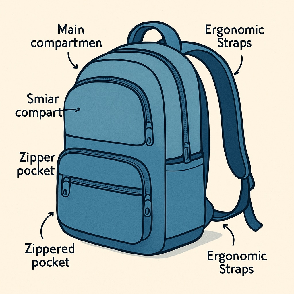 A stylish university backpack with multiple compartments and ergonomic straps. Stylish university backpack with compartments and ergonomic straps