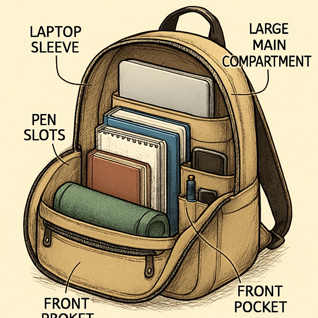 A close-up of a backpack's interior, highlighting organized compartments and a laptop sleeve. University backpack interior with practical organization features