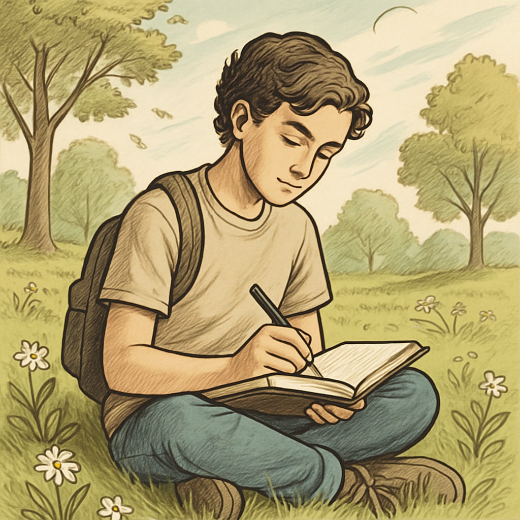 A young student sitting outdoors with a journal, reflecting on philosophical questions and jotting down thoughts inspired by nature. A student writing in a journal about philosophical and psychological concepts.
