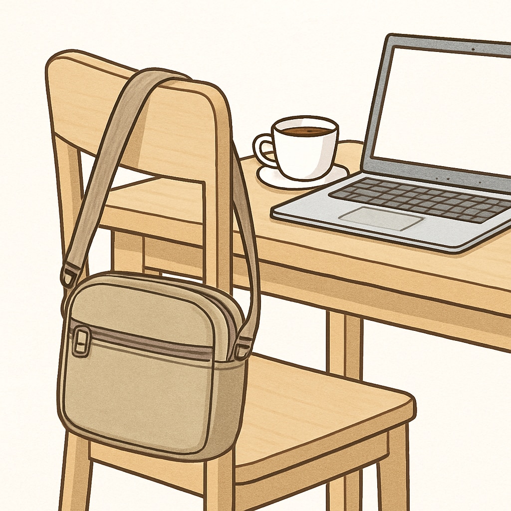 A compact and affordable shoulder bag in a neutral color, hanging on a chair next to a coffee cup and laptop. Affordable shoulder bag for university students.