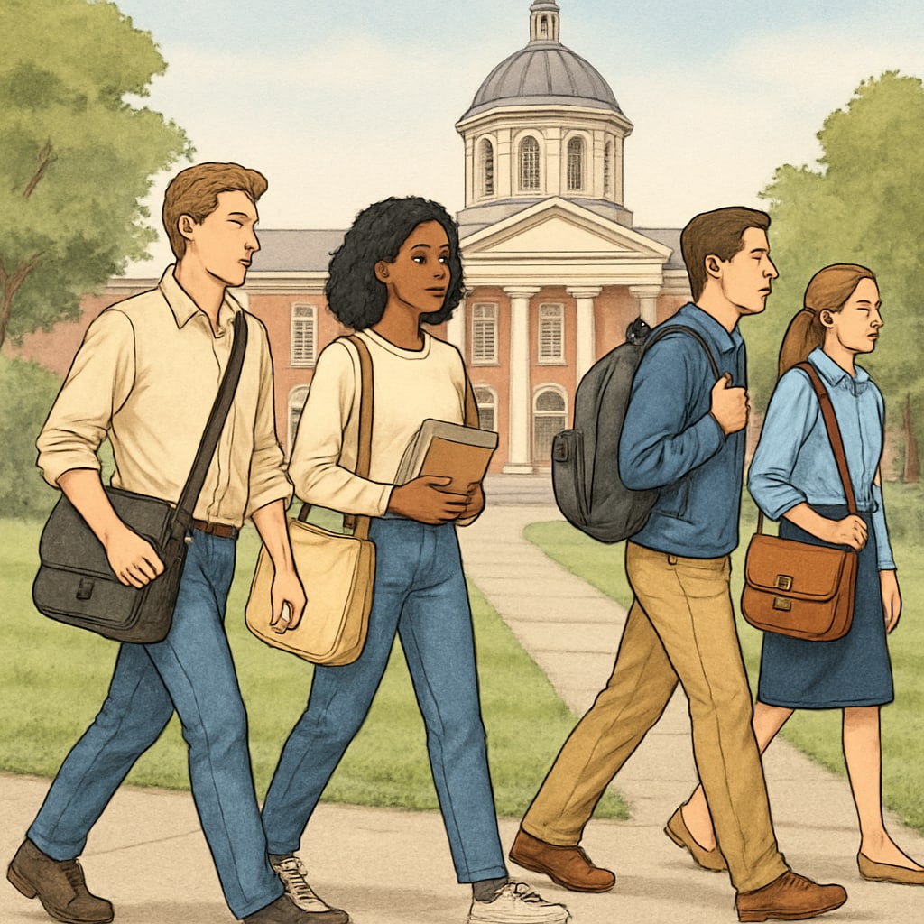 Students walking through campus, each carrying different types of university bags. Students carrying different university bags on campus