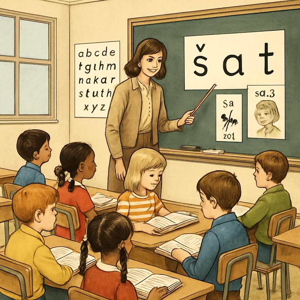 A classroom from the 1970s where children are using the Initial Teaching Alphabet to learn phonics. A classroom with children learning phonics through the Initial Teaching Alphabet, a method popular in 1970s education.