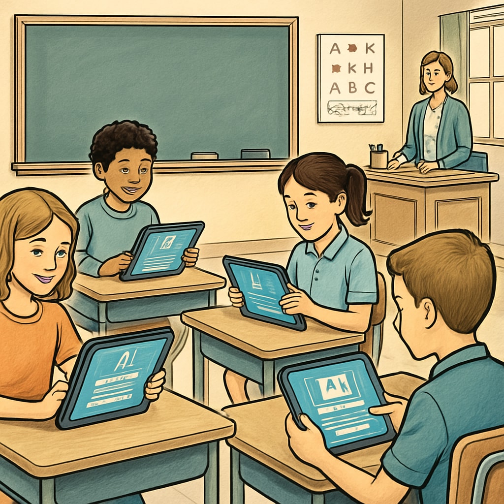 A classroom with students using AI-powered tablets for personalized learning. The students appear engaged with the technology. Students using AI-powered tablets for personalized learning in a classroom setting.