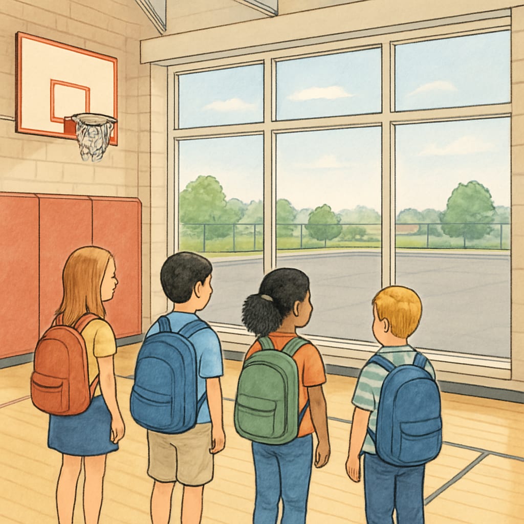 A group of elementary students standing in a high school gymnasium, looking out through large windows at an empty asphalt yard. Elementary students in a high school gymnasium observing a lack of playgrounds.
