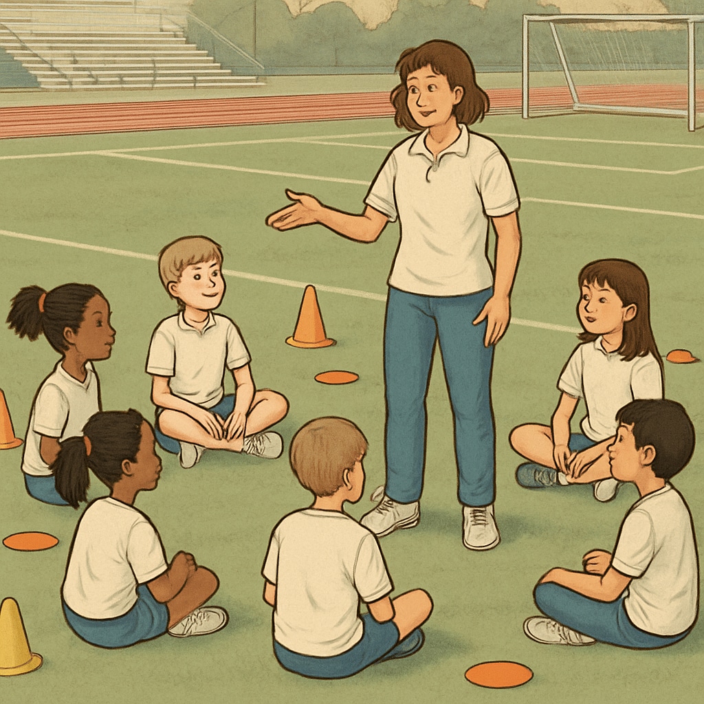 A teacher leading a group of elementary students in a circle activity on a high school sports field, surrounded by makeshift cones and markers. A teacher organizing outdoor activities for elementary students on a temporary high school campus.