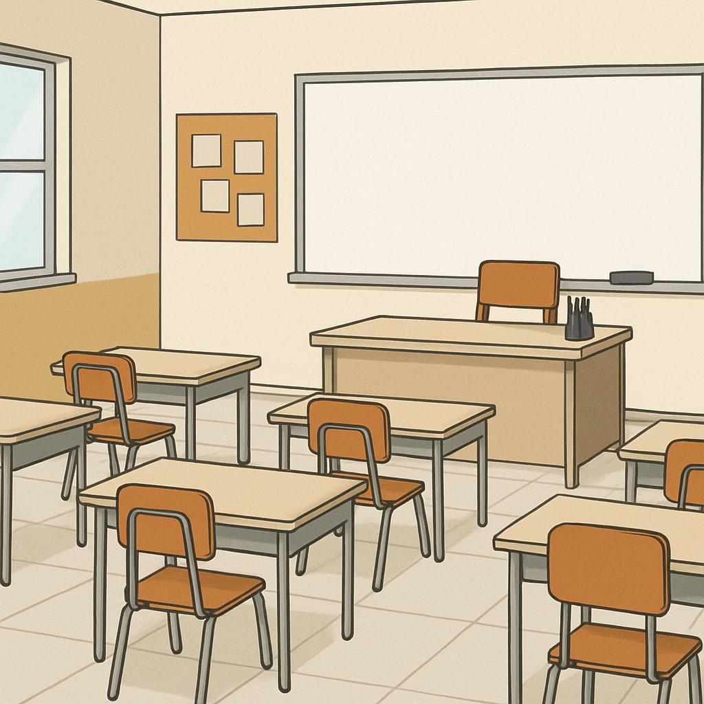A photograph of an elementary school classroom with limited space and reduced seating capacity due to temporary changes. Elementary school classroom with reduced space and seating capacity.