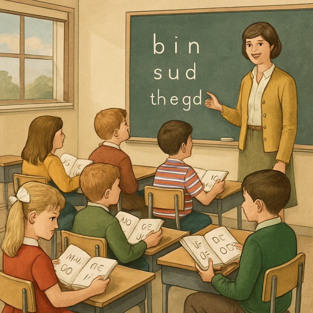 A classroom in the 1970s where children are learning to read using the Initial Teaching Alphabet. A classroom scene from the 1970s showing students practicing reading with the Initial Teaching Alphabet.