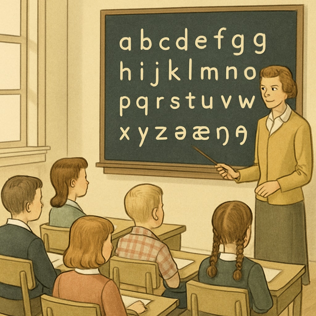 A vintage classroom scene with students learning the Initial Teaching Alphabet, featuring a blackboard displaying ITA characters. Classroom teaching Initial Teaching Alphabet during the 70s education reform.