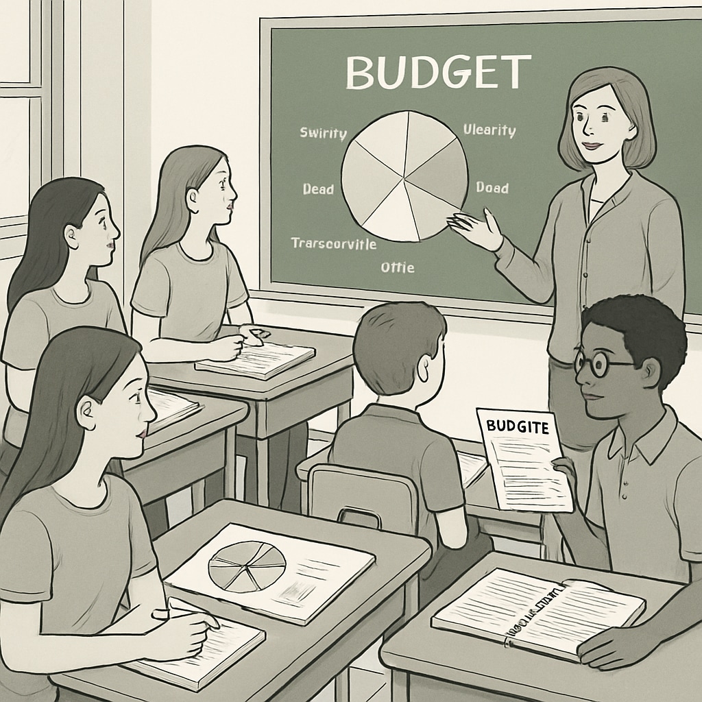 A classroom setting where high school students learn about budgeting and financial planning, emphasizing the importance of financial literacy. High school students learning financial literacy.