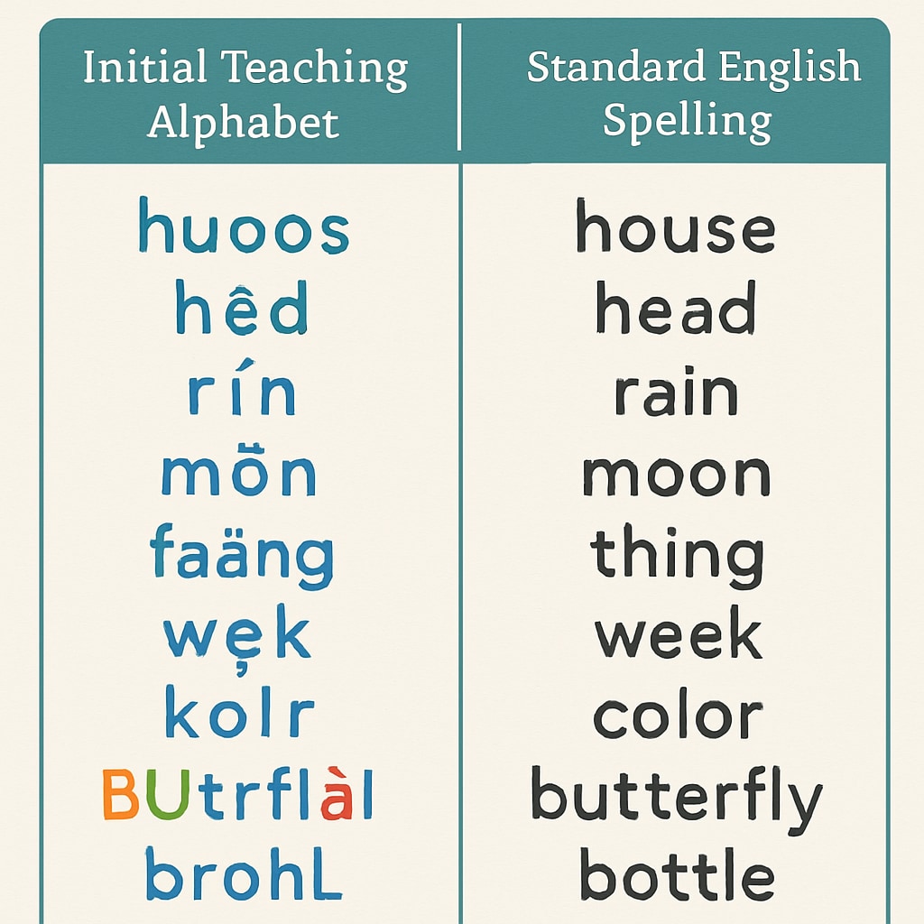 A side-by-side comparison of the Initial Teaching Alphabet and standard English spelling for common words. A visual comparison between ITA and standard English spelling, illustrating differences in word representation.