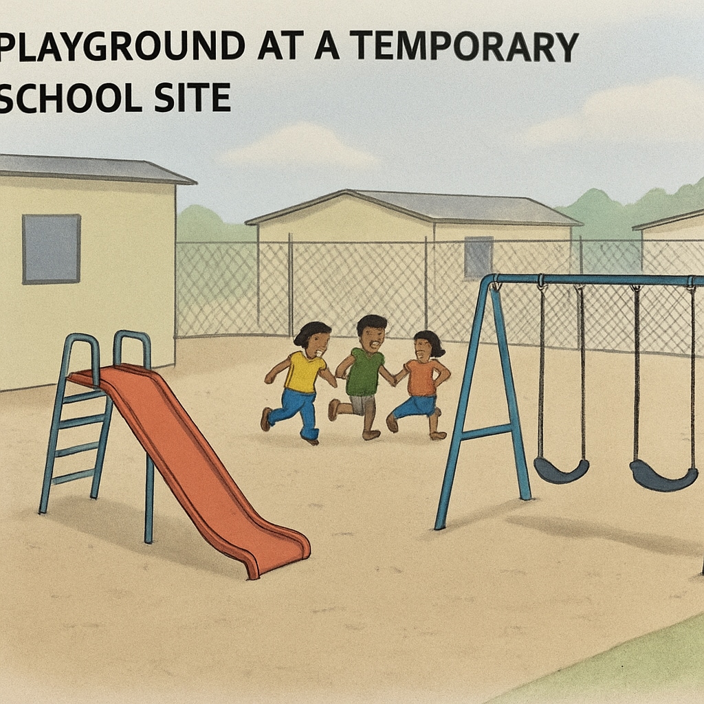 A playground at a temporary school site, featuring minimal equipment and limited space for children. Temporary school playground with limited equipment and space for children.