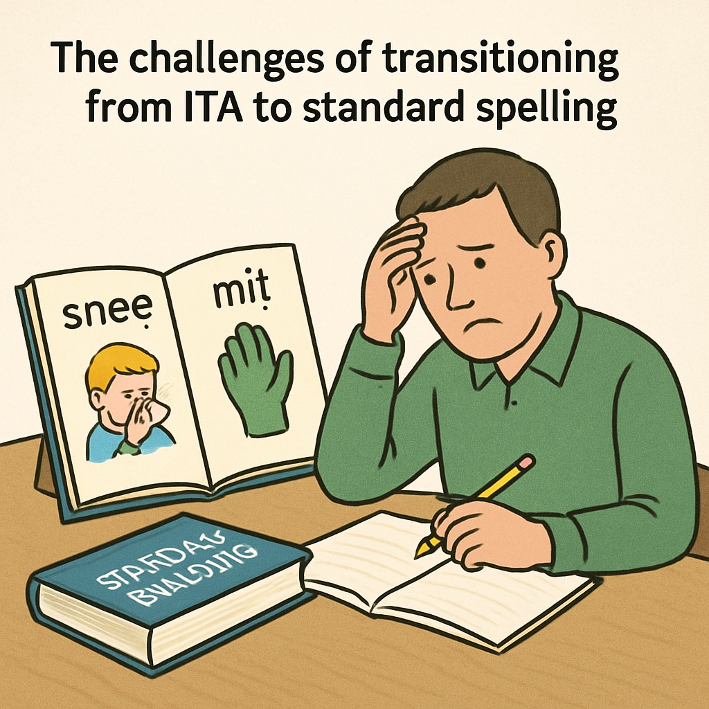An adult revisiting ITA materials, illustrating the challenges of transitioning from ITA to standard spelling. Adult comparing Initial Teaching Alphabet with standard English spelling.