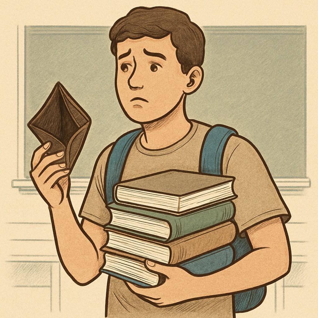 A young student holding textbooks and an empty wallet, symbolizing the financial struggles of paying for college tuition. A student with textbooks and an empty wallet, representing financial hardship in education.