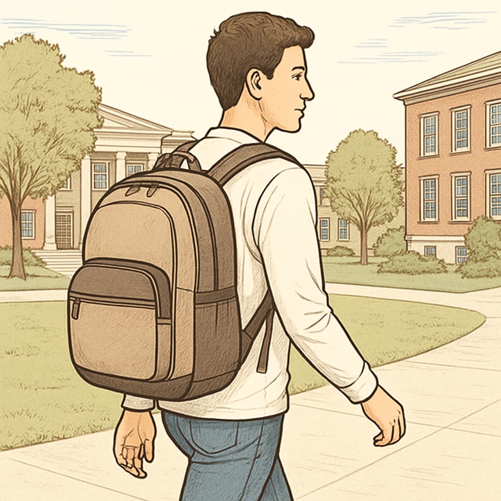 A college student carrying a spacious and stylish backpack while walking on campus. College student with a spacious and stylish backpack.