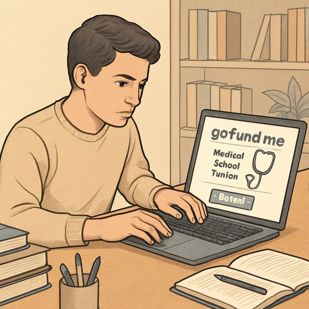 A young student working on a laptop, creating a GoFundMe campaign to fund their medical school tuition. A student creating a GoFundMe campaign for medical school tuition challenges.
