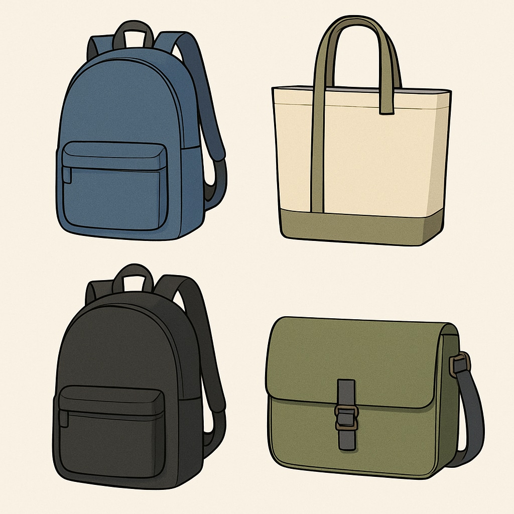 A display of affordable and practical bag options, including backpacks, totes, and messenger bags. Affordable and practical bag options for students.