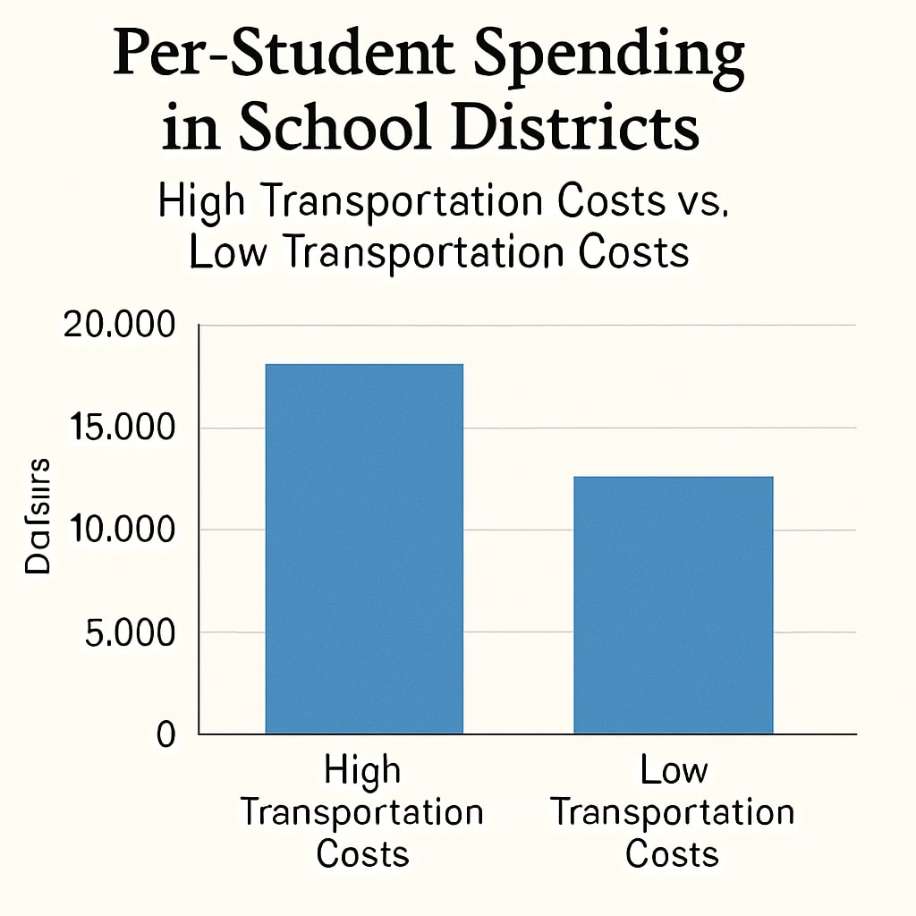 A chart comparing per-student spending in districts with high transportation costs versus low transportation costs. Chart illustrating how transportation costs inflate per-student spending.
