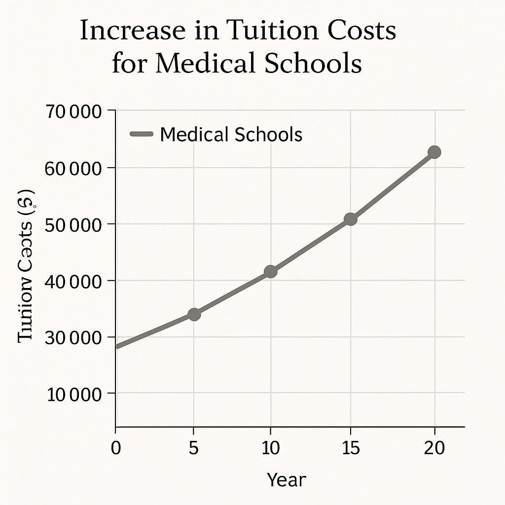 A graph showing the increase in tuition costs for medical schools over the last 20 years. A visual representation of rising medical school tuition costs.