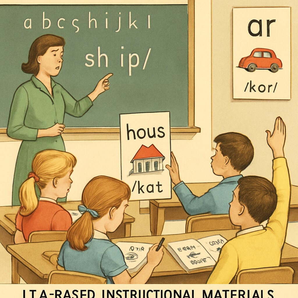 A vintage classroom photo showing children learning with ITA-based instructional materials, emphasizing the phonetic system's use in early literacy education. Children learning with Initial Teaching Alphabet materials in a classroom setting