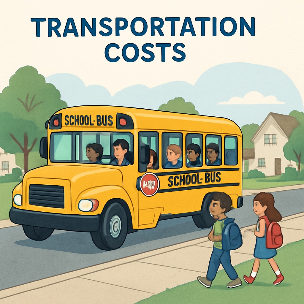 A bus transporting school children in a suburban area, symbolizing transportation costs in education budgets. School bus transportation costs influencing K-12 budgets and per-pupil spending.