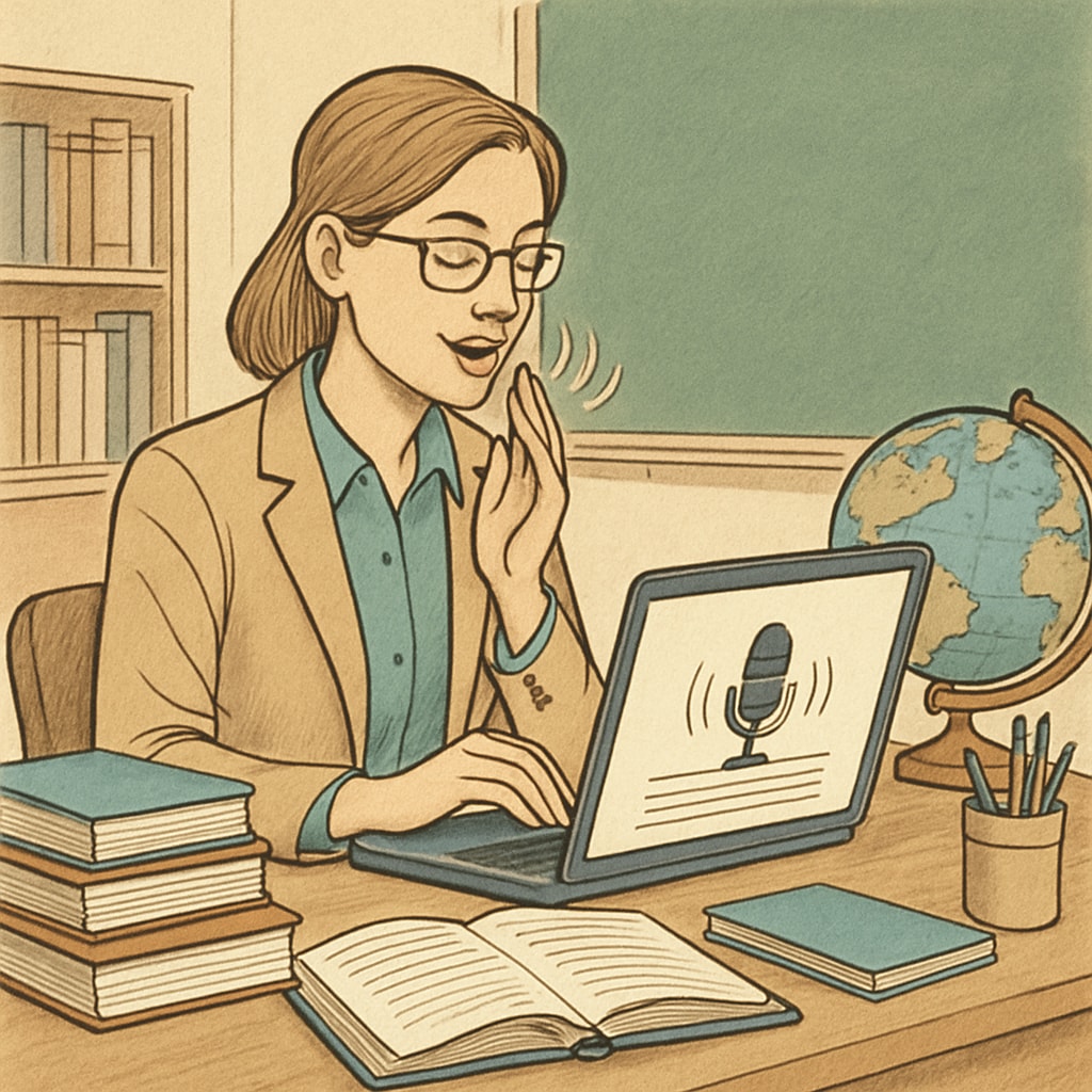 A teacher using voice-to-text software on a laptop while drafting lesson plans, illustrating the integration of technology in education. Teacher utilizing voice-to-text software for lesson planning, showcasing education efficiency.