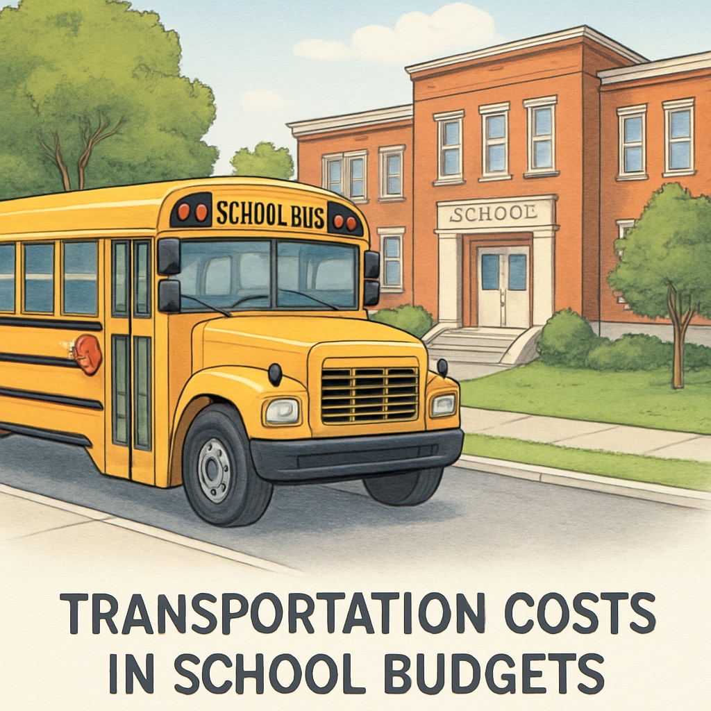 A school bus parked near an educational institution, symbolizing transportation costs in school budgets. School bus representing pass-through funds in school budgets.
