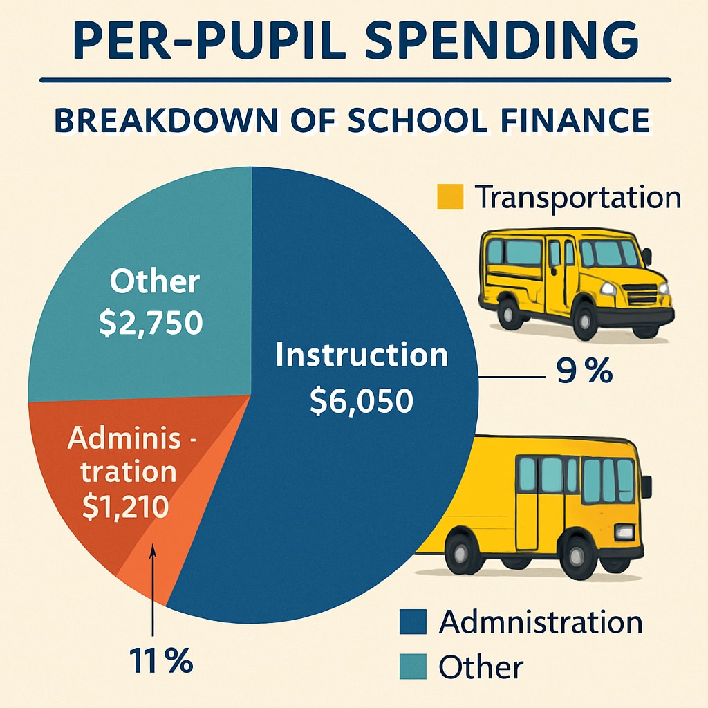 A school finance chart showing a breakdown of per-pupil spending categories, highlighting transportation costs. Chart illustrating how transportation transfer funds affect school budget metrics.