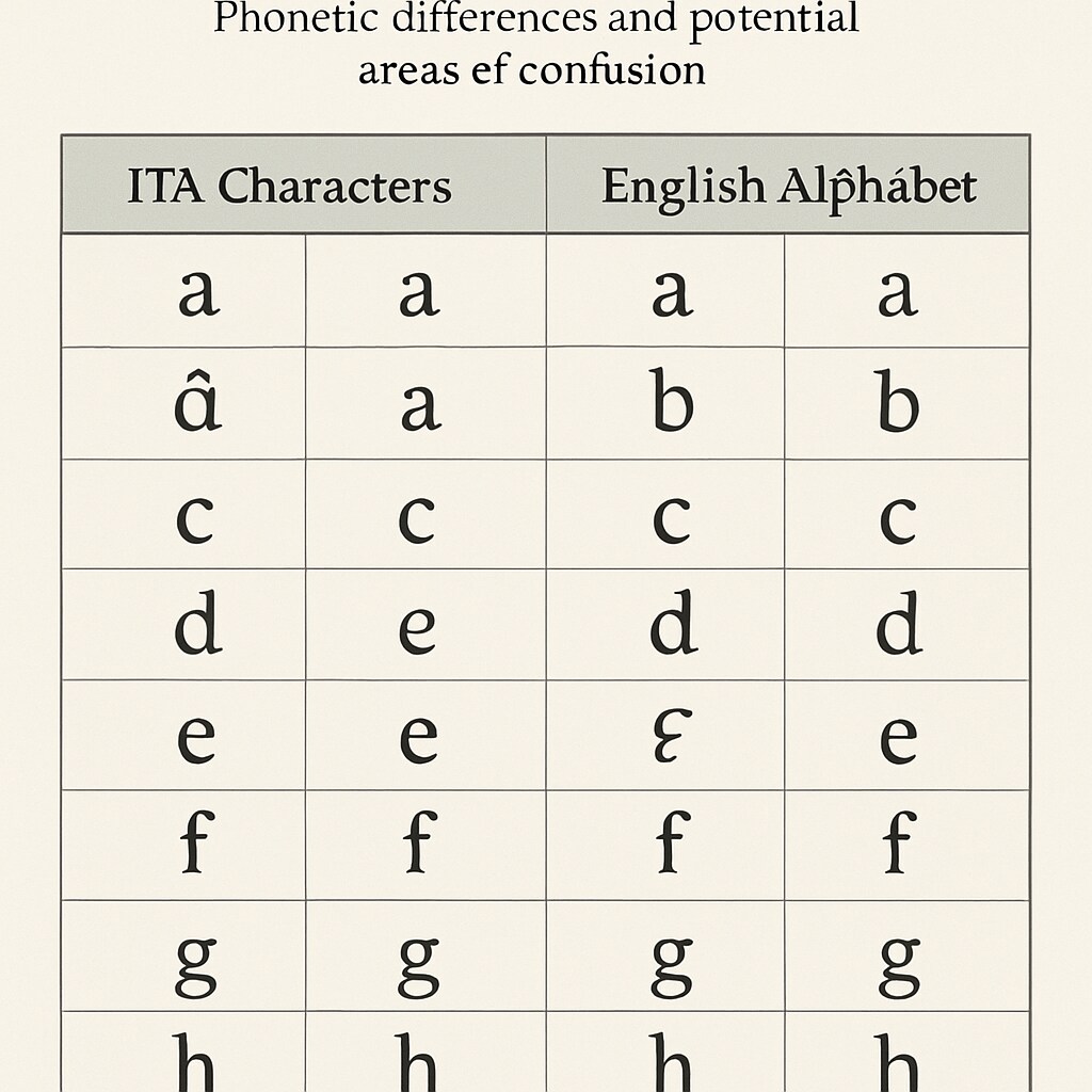 A comparison chart showing ITA characters versus the standard English alphabet, illustrating the phonetic differences and potential confusion. Chart comparing Initial Teaching Alphabet characters to standard English alphabet