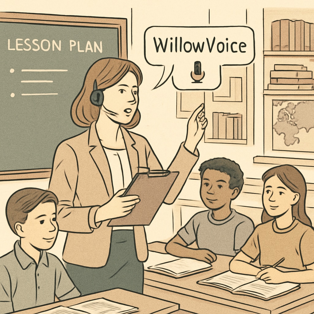 An educator using WillowVoice for dictating lesson plans in a classroom setting, showcasing efficiency and engagement. Teacher demonstrating WillowVoice speech-to-text technology to enhance classroom efficiency.