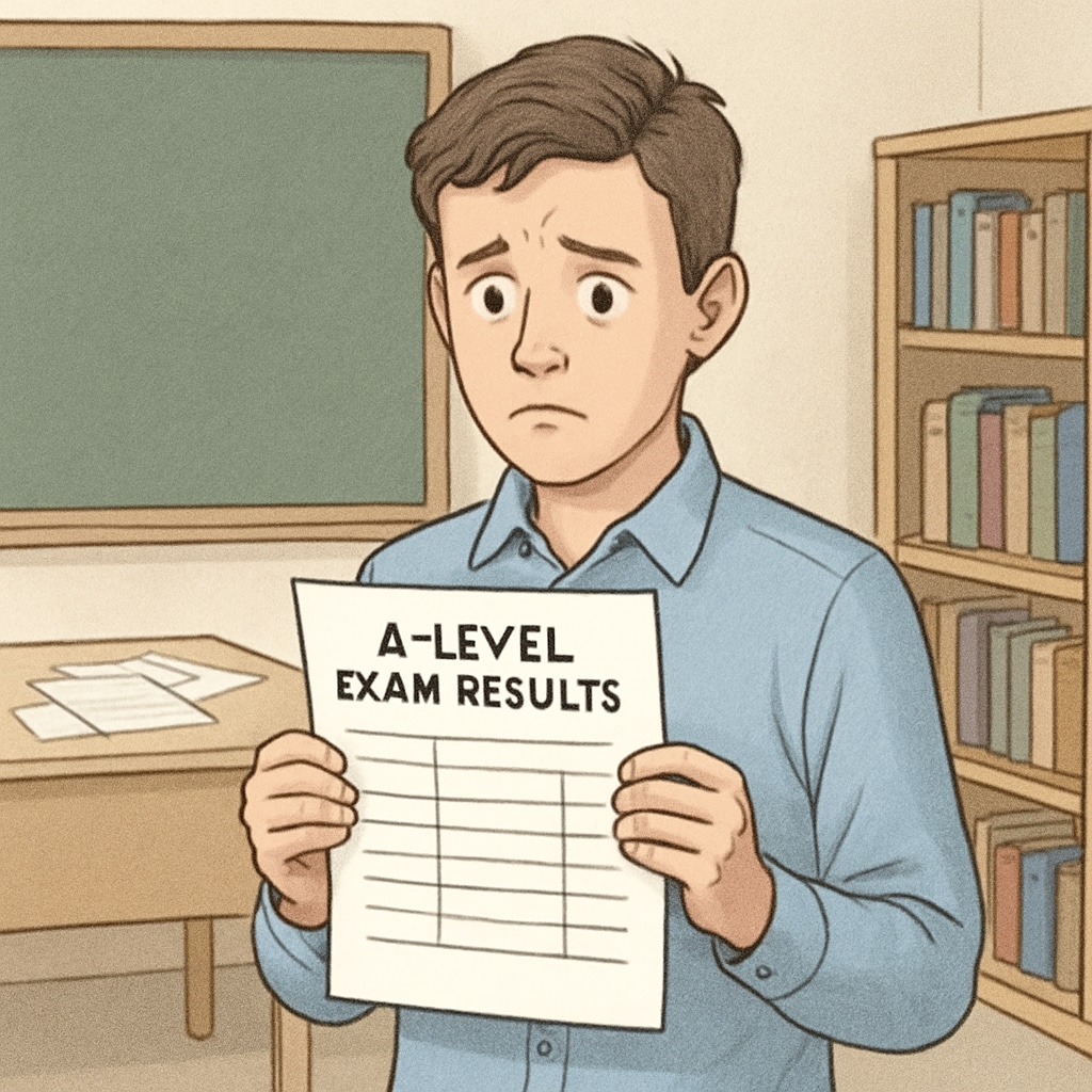 A student looking at their A-level exam results with a concerned expression, symbolizing academic challenges. A worried student reviewing A-level exam results, highlighting academic challenges.