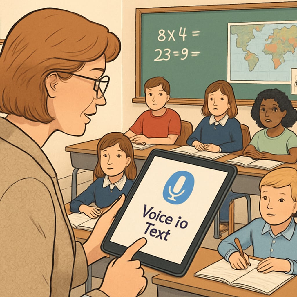 A teacher using a voice-to-text app like WillowVoice on a tablet during a classroom lecture. Teacher demonstrating WillowVoice voice-to-text app during a lesson.