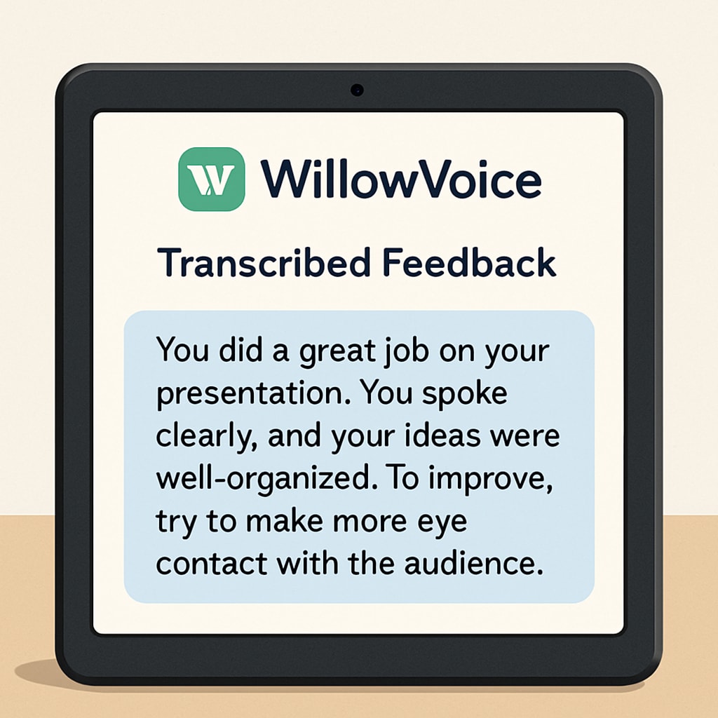 A tablet displaying transcribed feedback generated by WillowVoice, highlighting its role in bridging teacher-student communication gaps. WillowVoice’s feedback transcription interface on a tablet, simplifying teacher workflows.