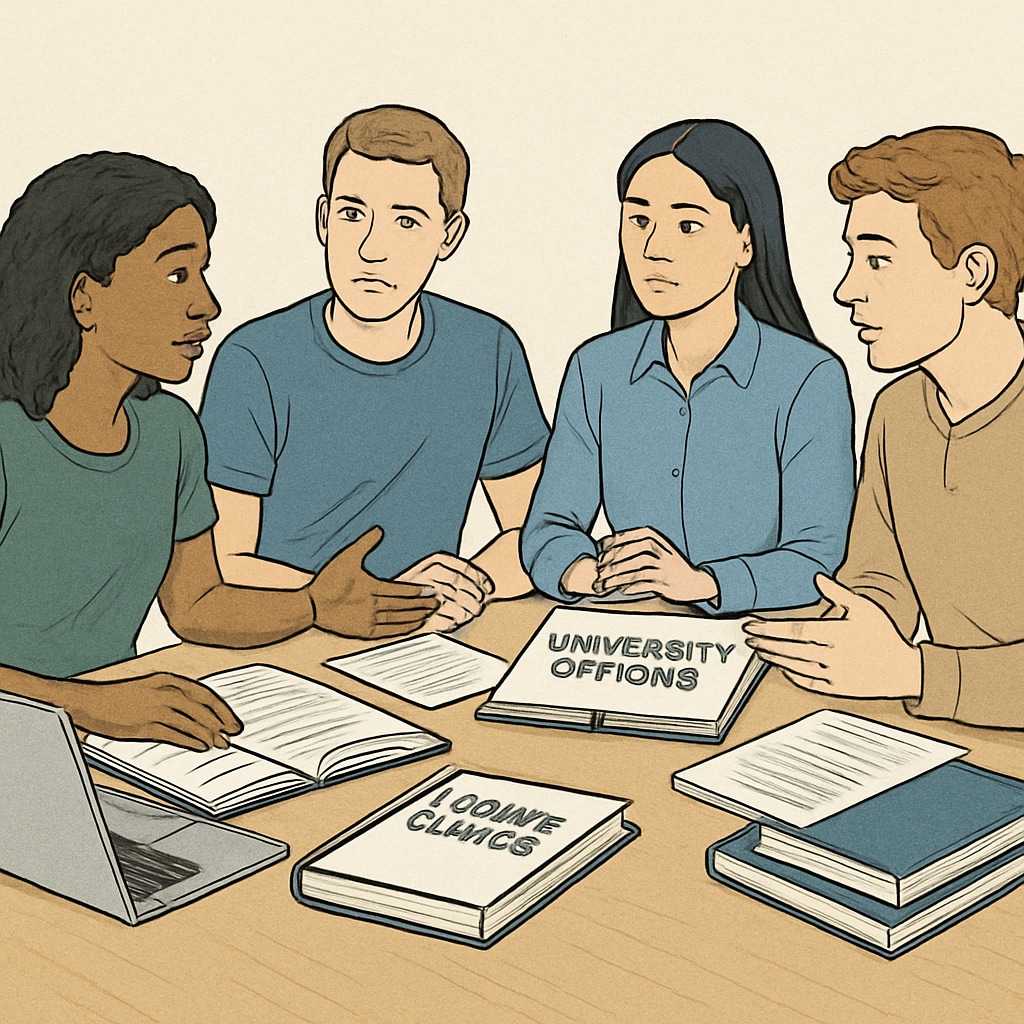 A group of students discussing university options and course catalogs, symbolizing collaboration and decision-making. Students collaborating to explore university options and course alternatives.