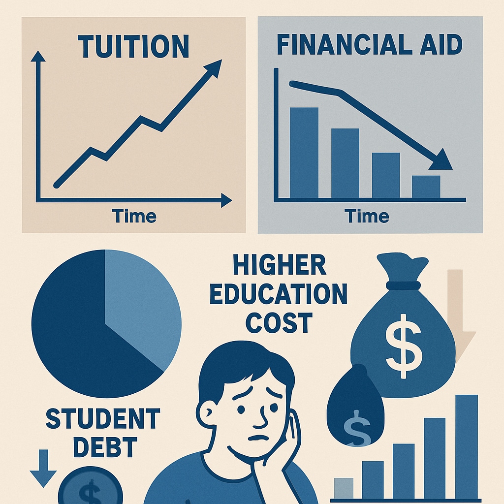 An infographic showing the upward trend of tuition costs and the shrinking availability of financial aid. The image highlights the economic pressures faced by students and the decreasing accessibility of higher education. Infographic illustrating rising tuition costs and limited financial aid
