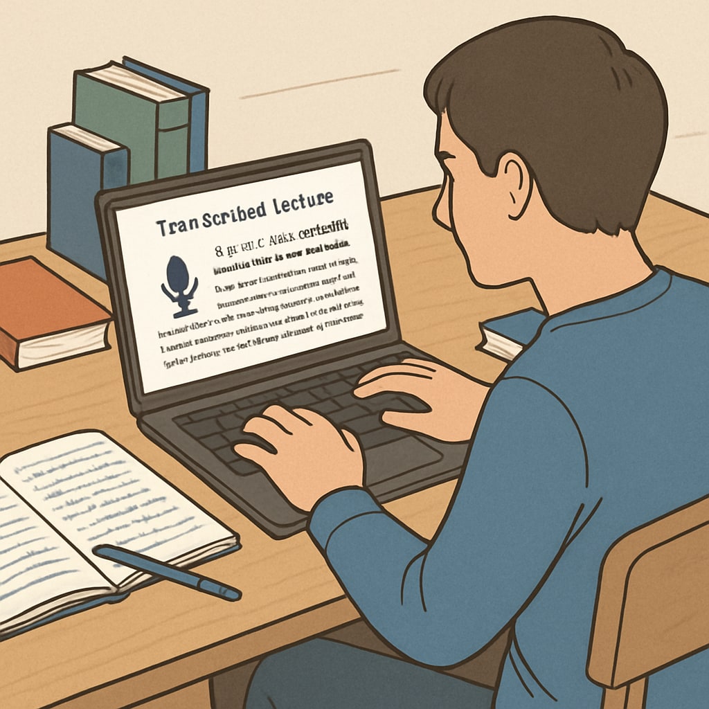 A student reviewing a transcribed lecture on their laptop, highlighting the accessibility of voice-to-text technology. Student using a voice-to-text generated lecture transcription for study purposes.