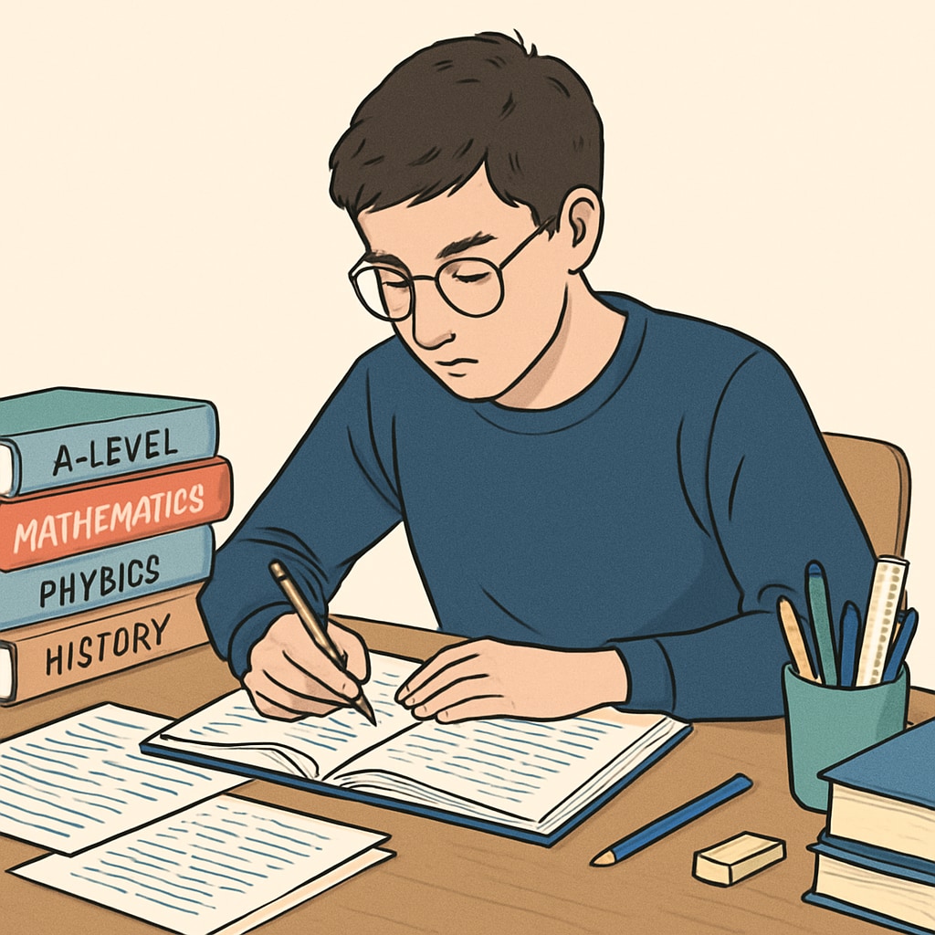A student diligently studying for A-Level exams, surrounded by textbooks and notes on a desk. A student studying for A-Level exams with textbooks and notes.