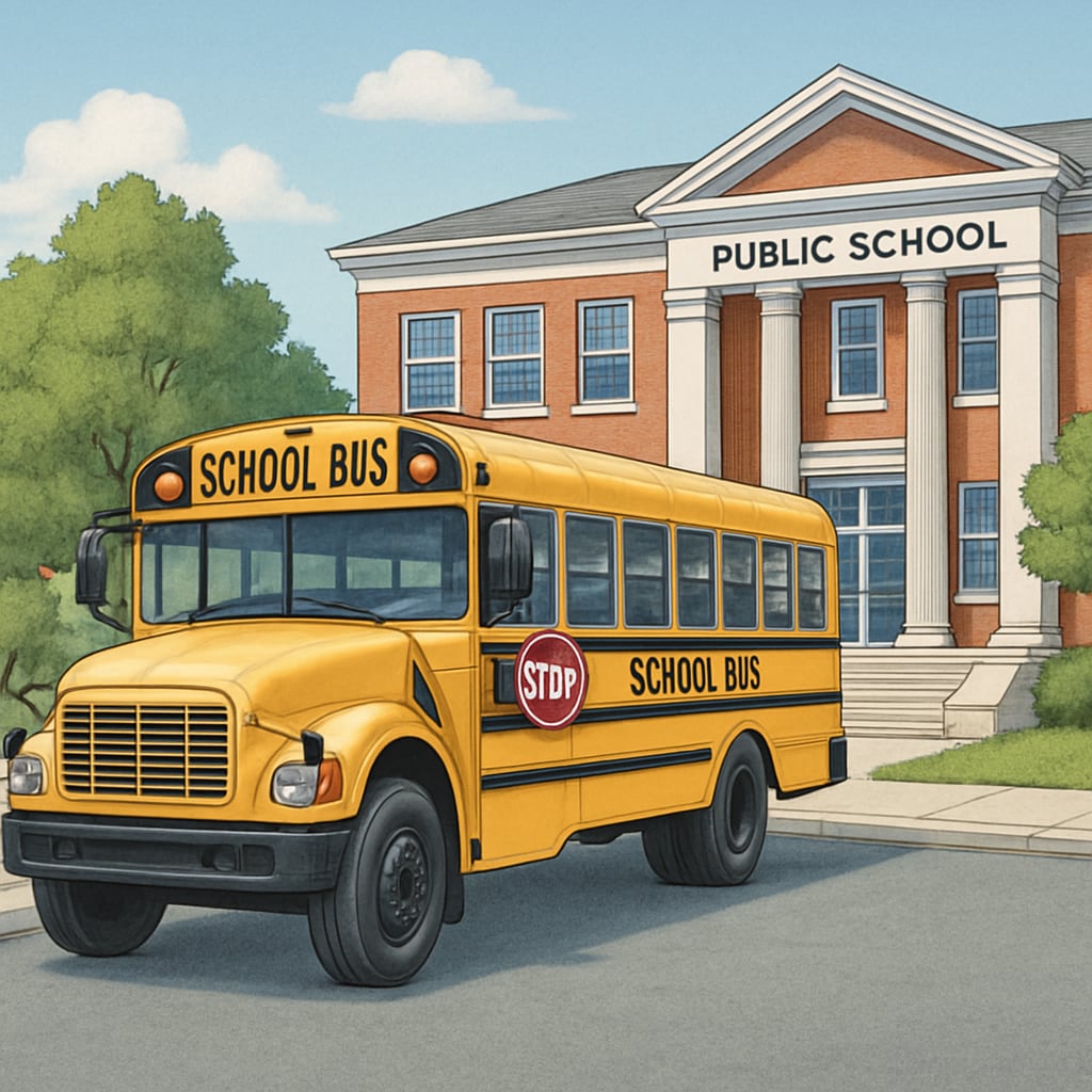 A school bus parked outside a public school, symbolizing transportation costs in K12 education funding. School bus representing transportation costs in K12 funding