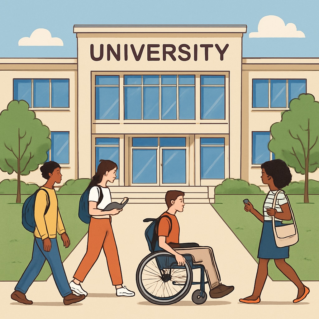 A university campus with students walking in front of a modern building, representing accessible education options. University campus with students walking in front of a building.