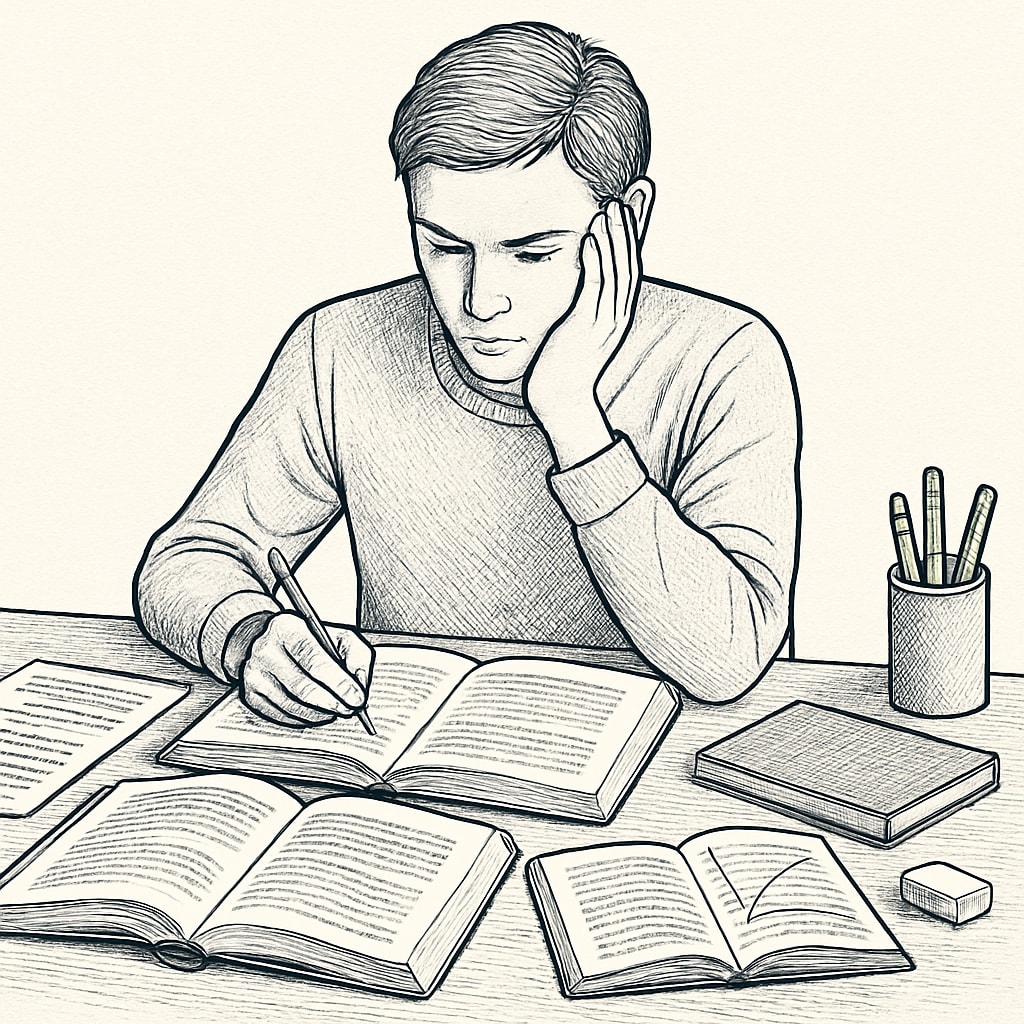 A student studying at a desk with textbooks and notes spread out, symbolizing preparation for A-level retakes. A student studying for A-level retakes with open books and notes.