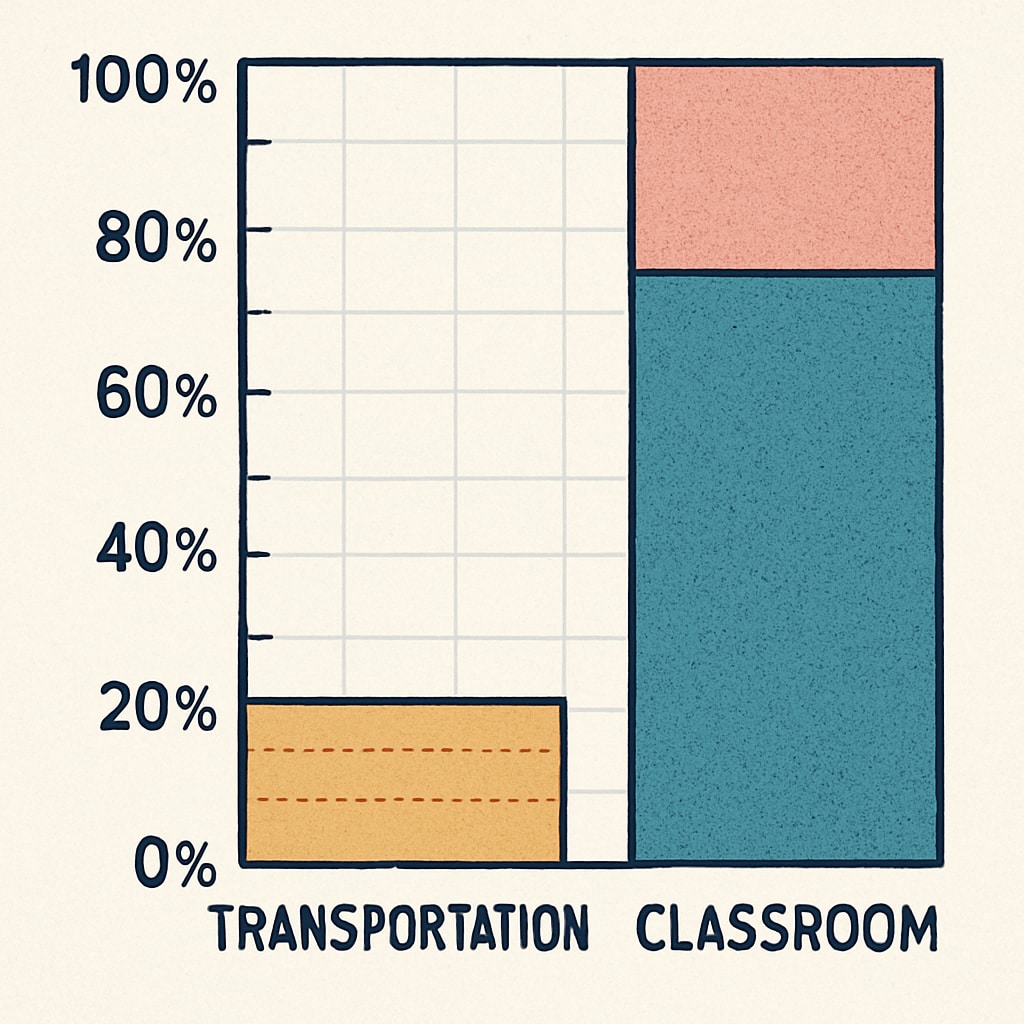 A detailed graph showing the breakdown of K12 budget allocations, highlighting transportation and classroom spending. Graph showing K12 budget allocations and transportation spending