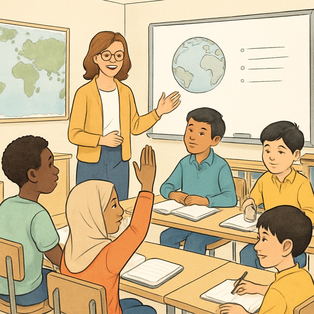 A classroom with international students and a teacher, representing a foundation course abroad. A diverse group of students in a foundation course classroom.