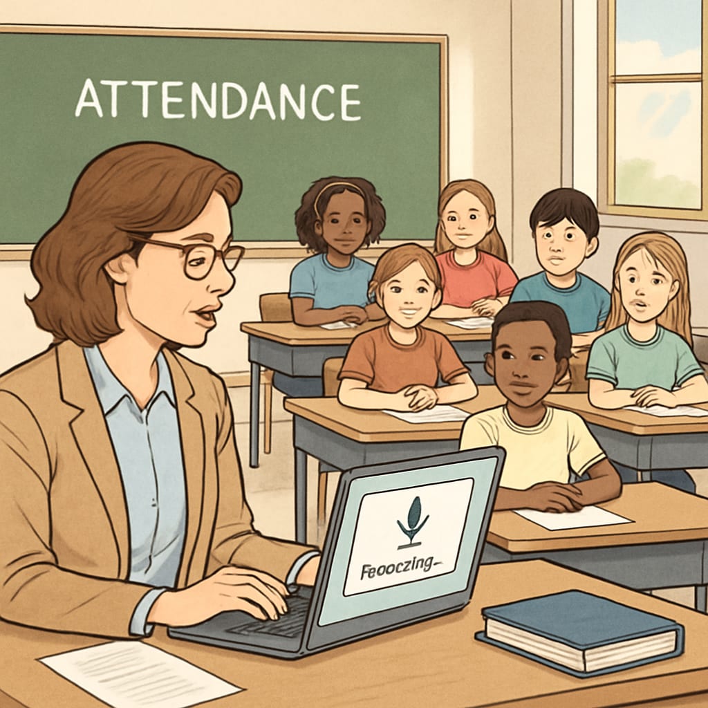 A teacher using a speech-to-text tool on a laptop to record attendance in a classroom setting. Teacher using speech-to-text tool for attendance tracking in a classroom.