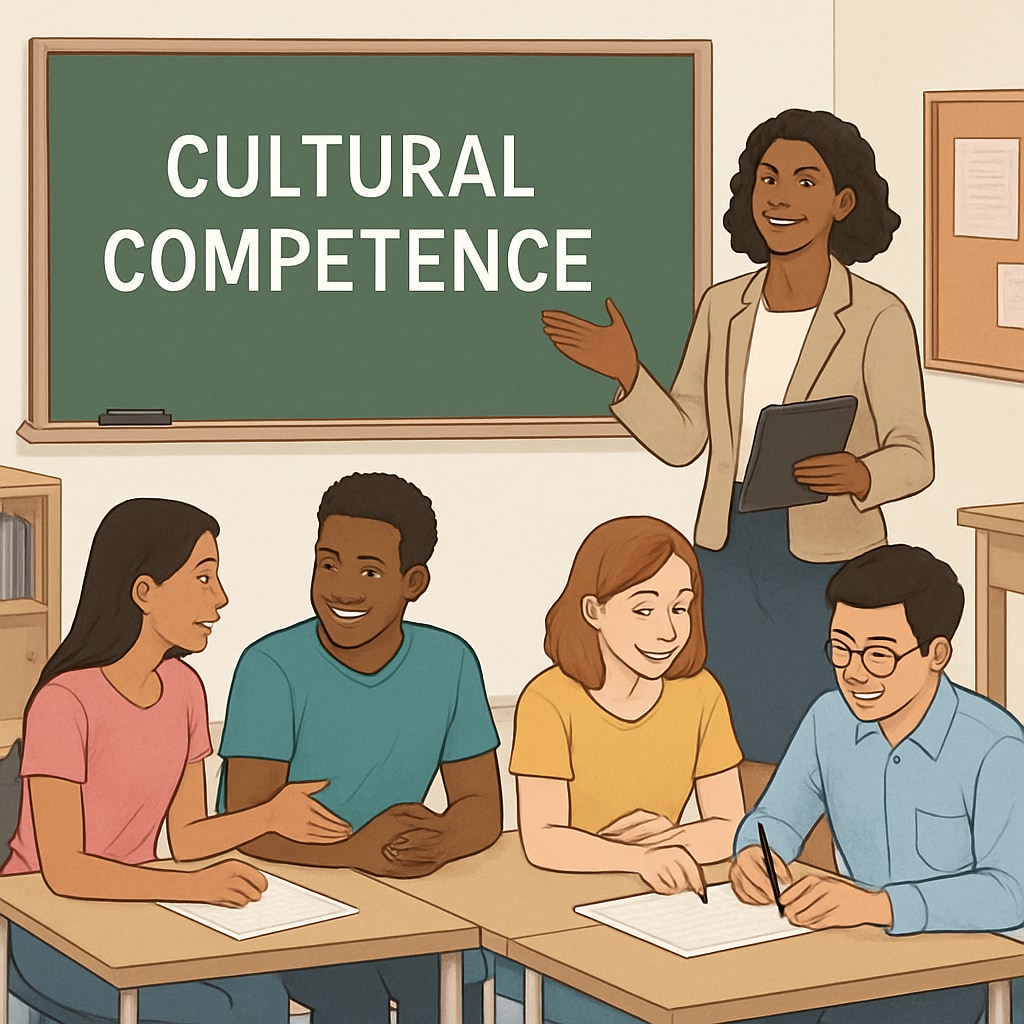 A teacher leading a workshop on cultural competence with students engaged in group activities. A teacher conducting a cultural competence workshop, illustrating wokeness in schools.