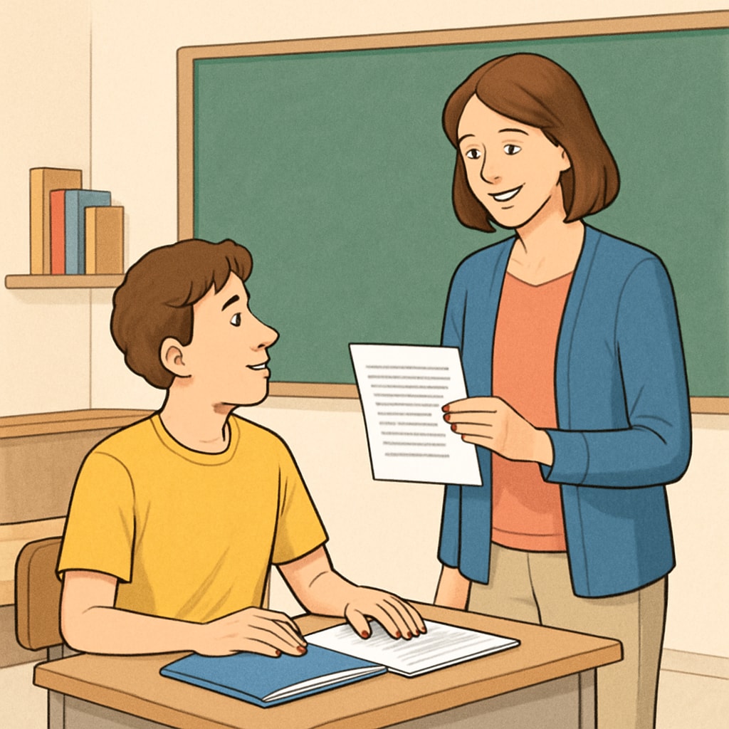 A student receiving printed feedback from a teacher who used a speech-to-text tool for transcription. Student receiving feedback generated using speech-to-text technology.