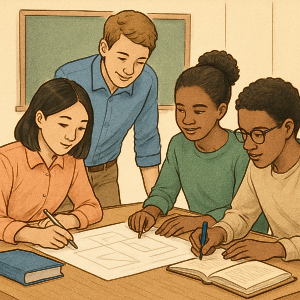 Students collaborating on a project, symbolizing teamwork and cross-cultural communication. Students working together, highlighting teamwork and cultural skills.