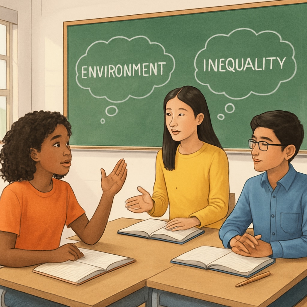 A classroom setting where students are engaged in a discussion about social issues, reflecting the theme of Classroom discussion on social issues, related to wokeness in schools.