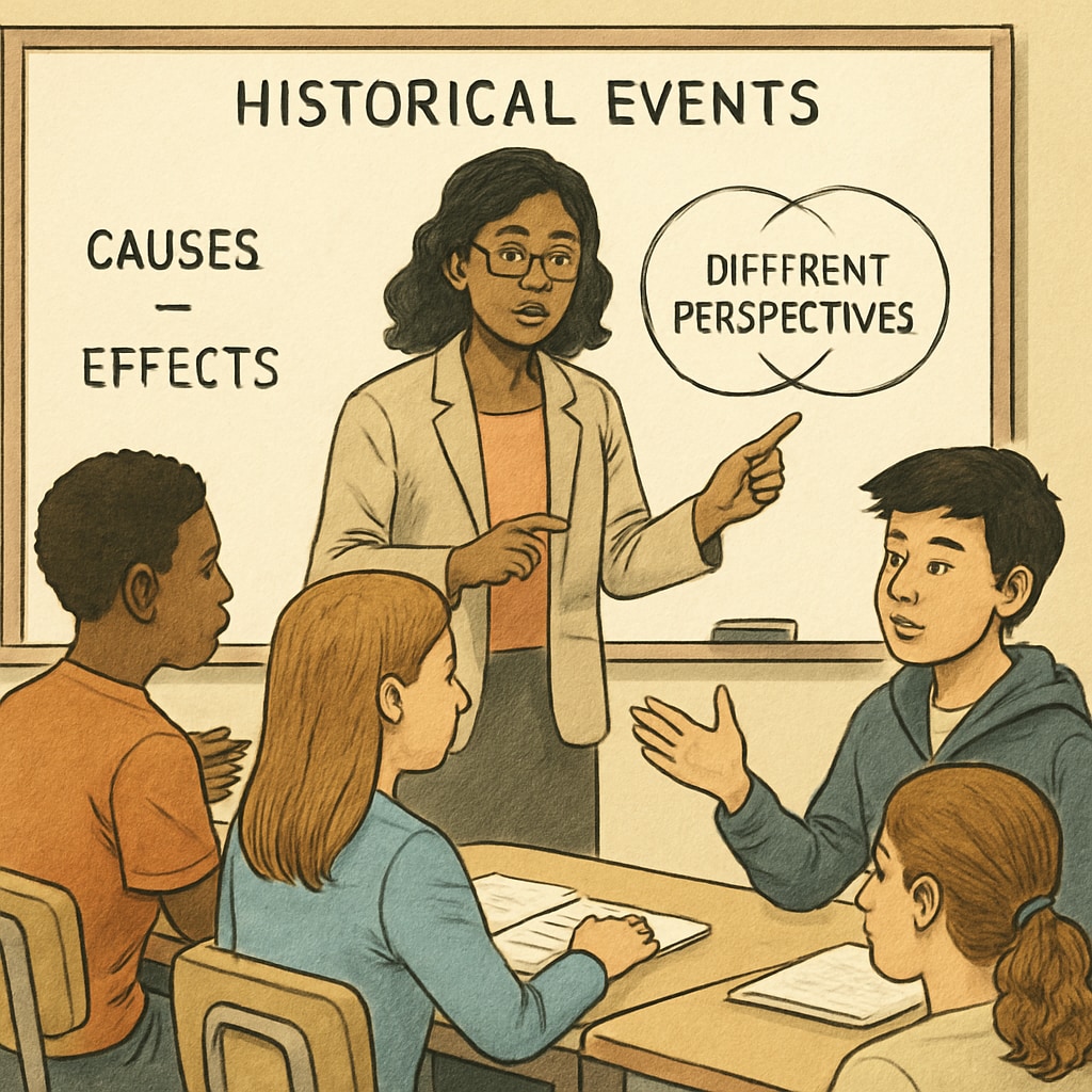 A teacher guiding students through a balanced discussion about historical events from multiple perspectives, illustrating educational inclusivity. Teacher-led balanced discussion on diverse historical perspectives in schools.
