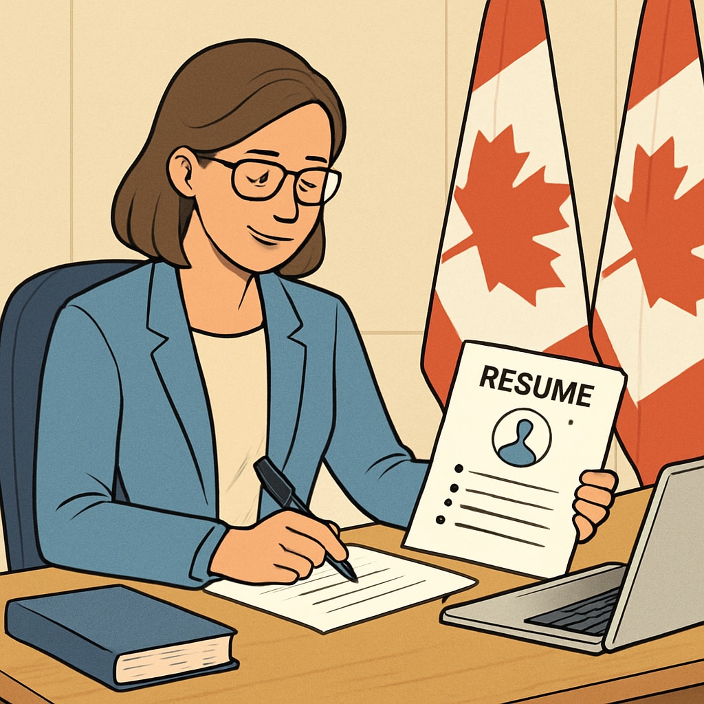 A professional-looking teacher working on a resume at a desk with Canadian flags in the background. Teacher creating a resume with a focus on Canadian K12 education.