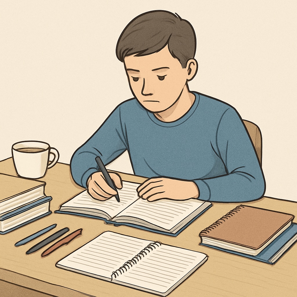 A student preparing for exams with study materials spread across a table, representing the process of retaking A Levels. Student studying for A Level exams, highlighting the retaking process.