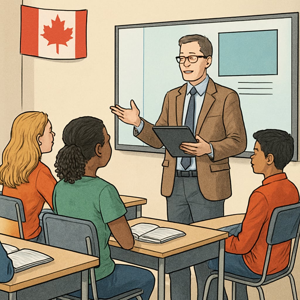 Teacher giving a presentation to students in a modern Canadian classroom. Educator in a Canadian classroom engaging with students.